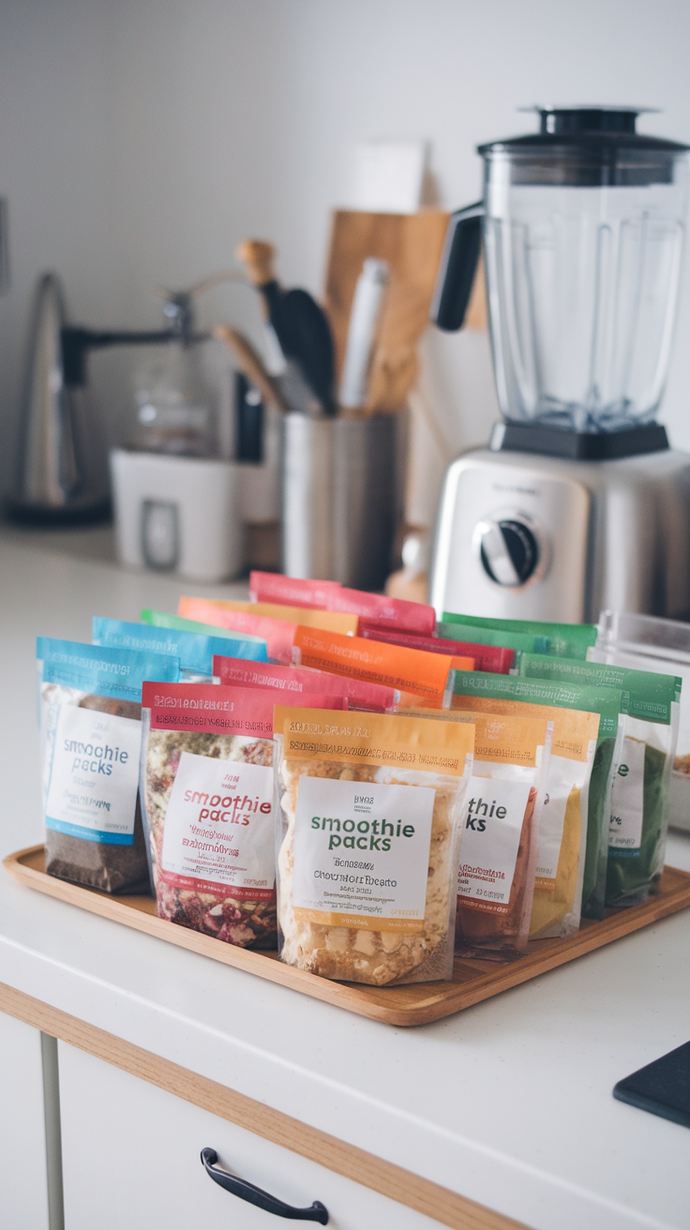 A variety of smoothie packs arranged on a tray next to a blender.