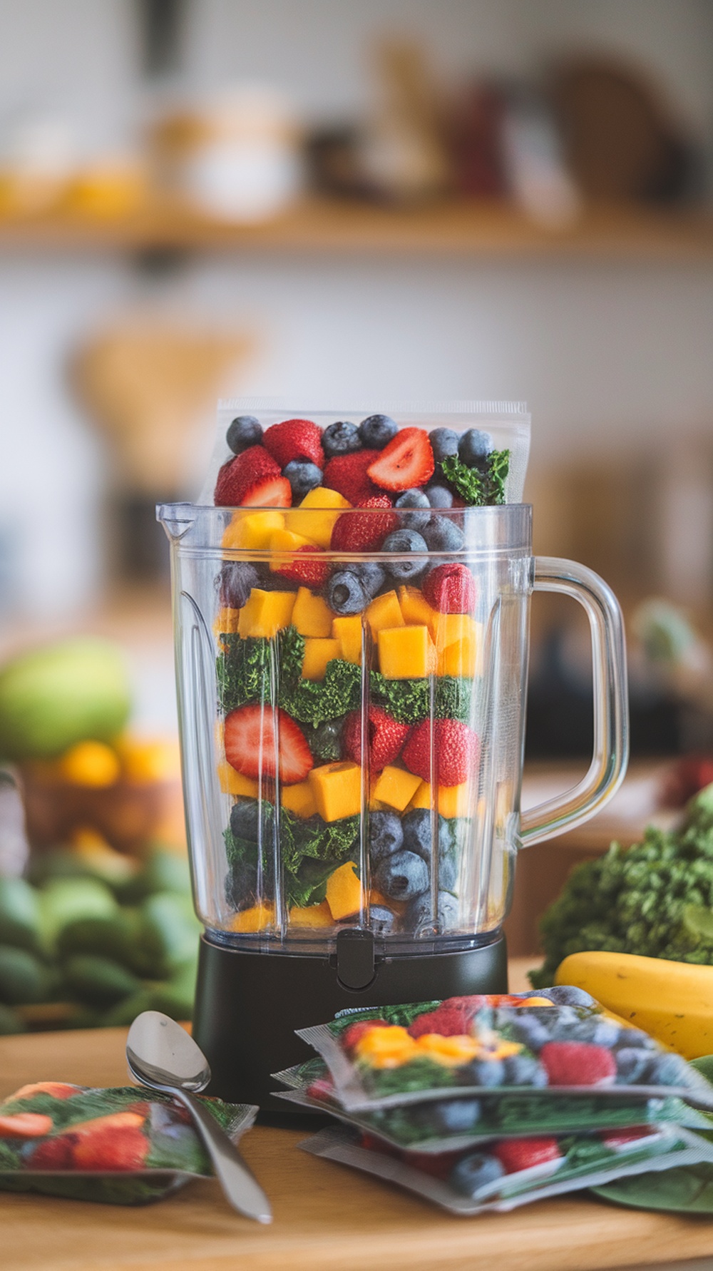 A blender filled with colorful smoothie ingredients and frozen smoothie packs on a wooden table.