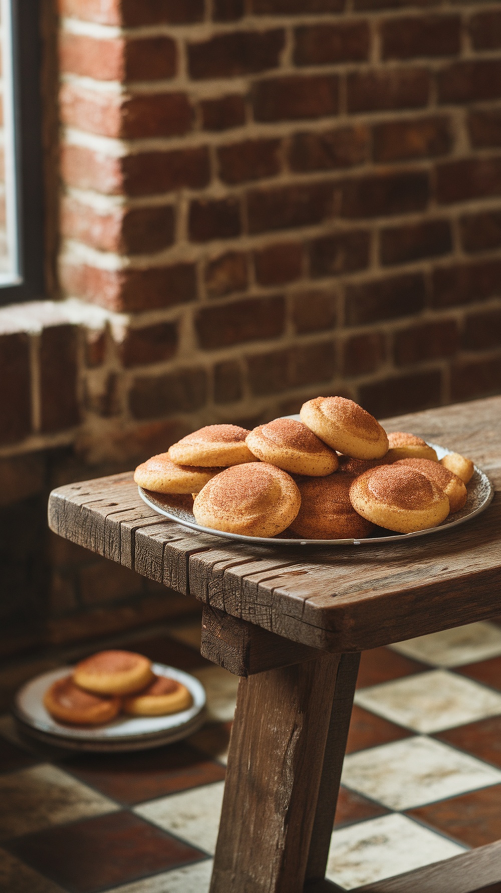 A plate of freshly baked snickerdoodle cookies on a wooden table
