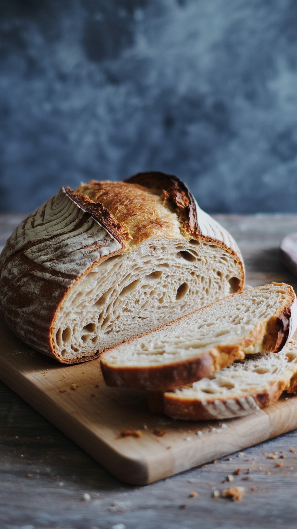 Freshly baked sourdough bread with slices on a wooden cutting board.