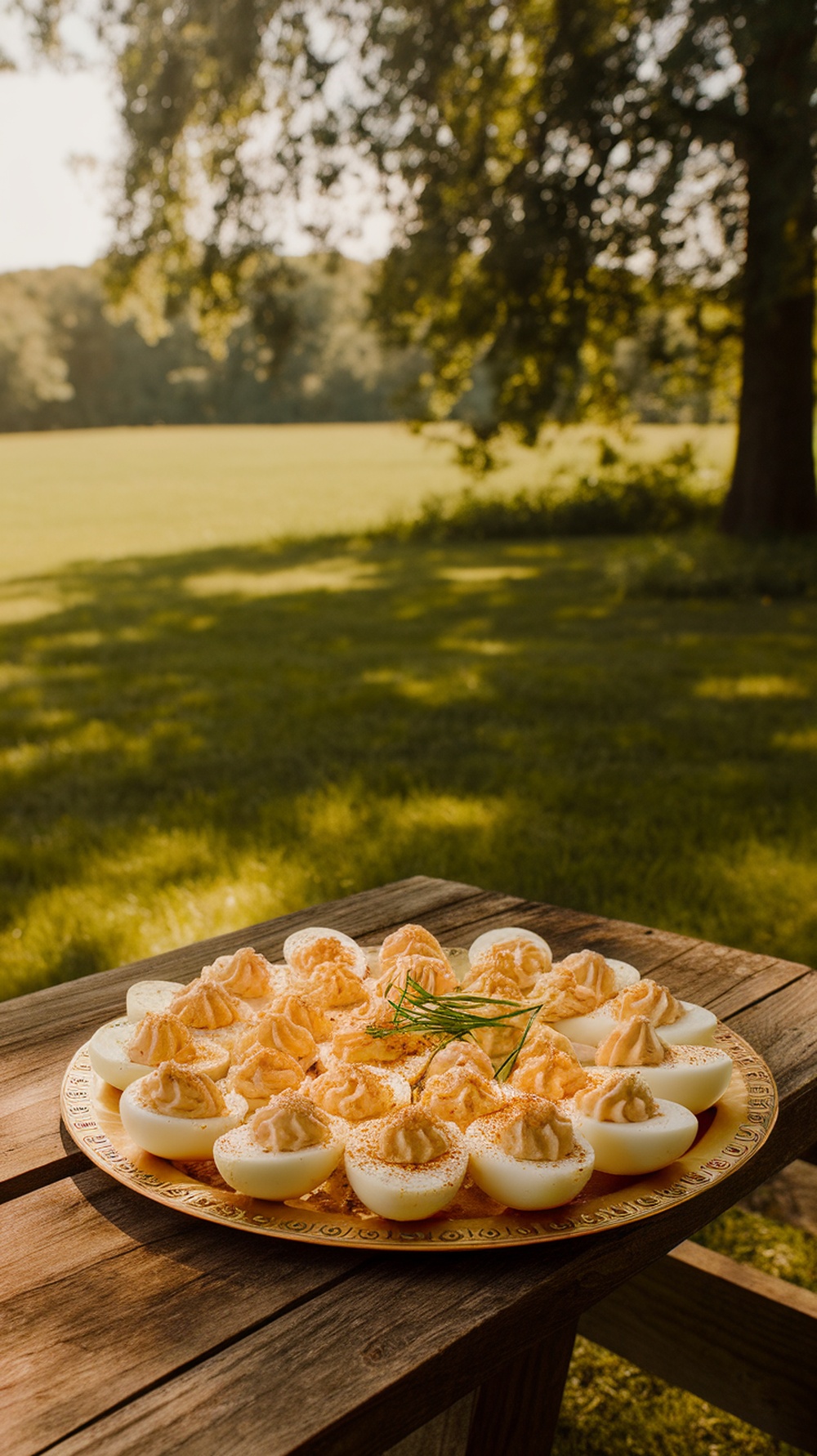A platter of Southern Style Deviled Eggs on a rustic wooden table outdoors.