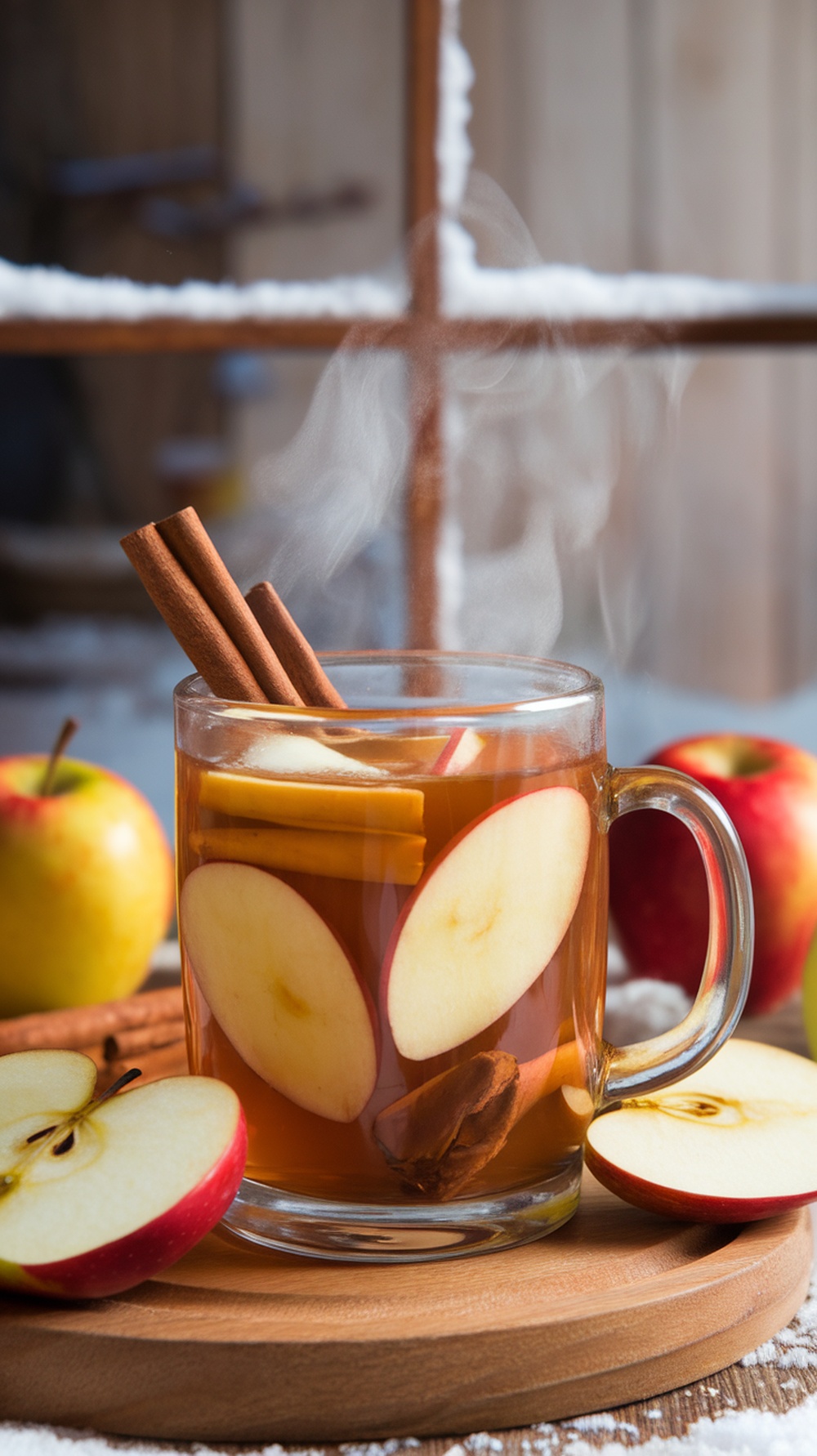 A warm cup of spiced apple cider with cinnamon sticks and apple slices, set against a snowy window.