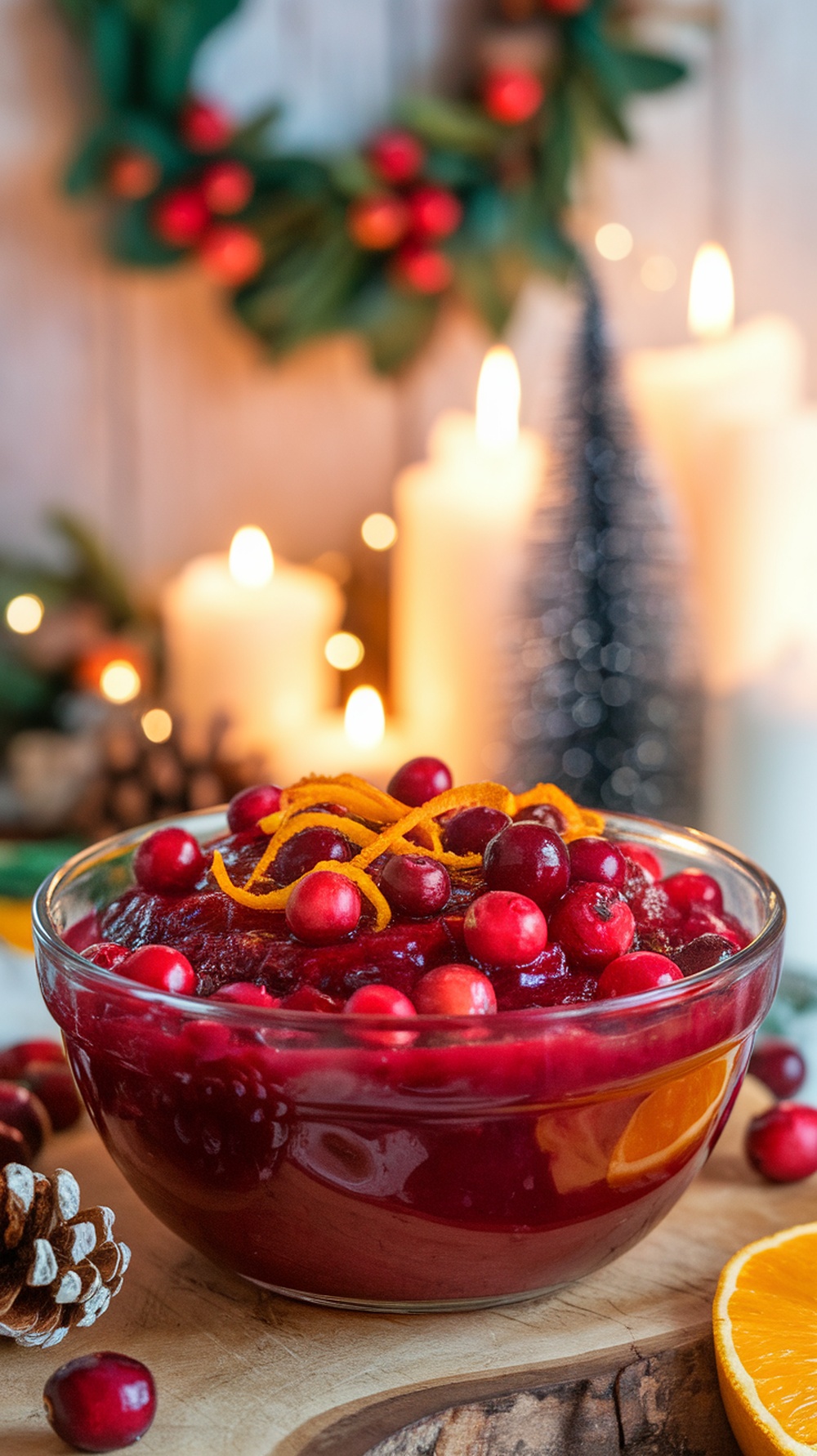 A bowl of spiced cranberry sauce garnished with fresh cranberries and orange zest, surrounded by festive decorations.