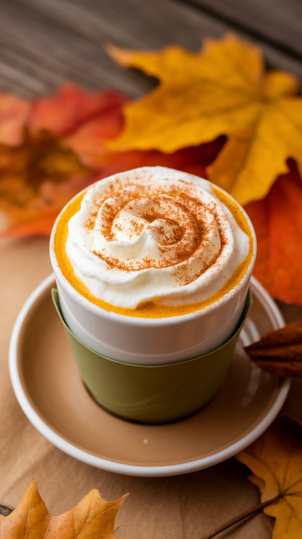 A cozy spiced pumpkin chai latte topped with whipped cream and cinnamon, surrounded by fall leaves.
