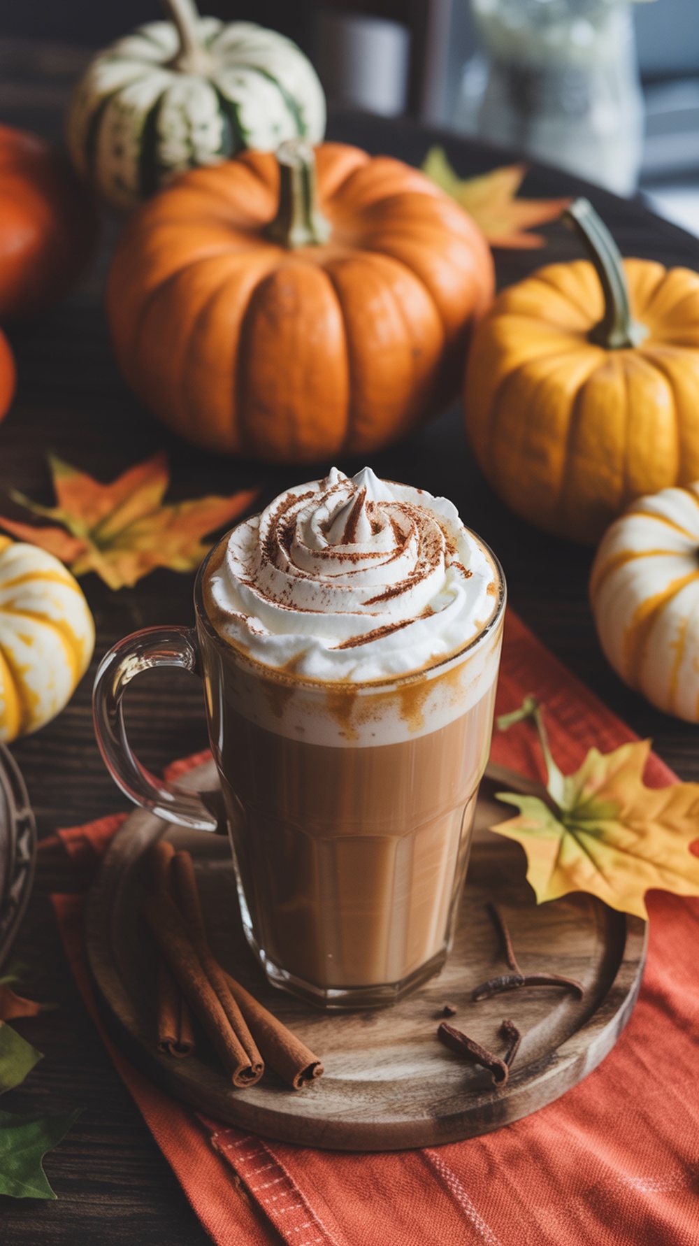 A spiced pumpkin latte topped with whipped cream and cinnamon, surrounded by pumpkins and autumn leaves.