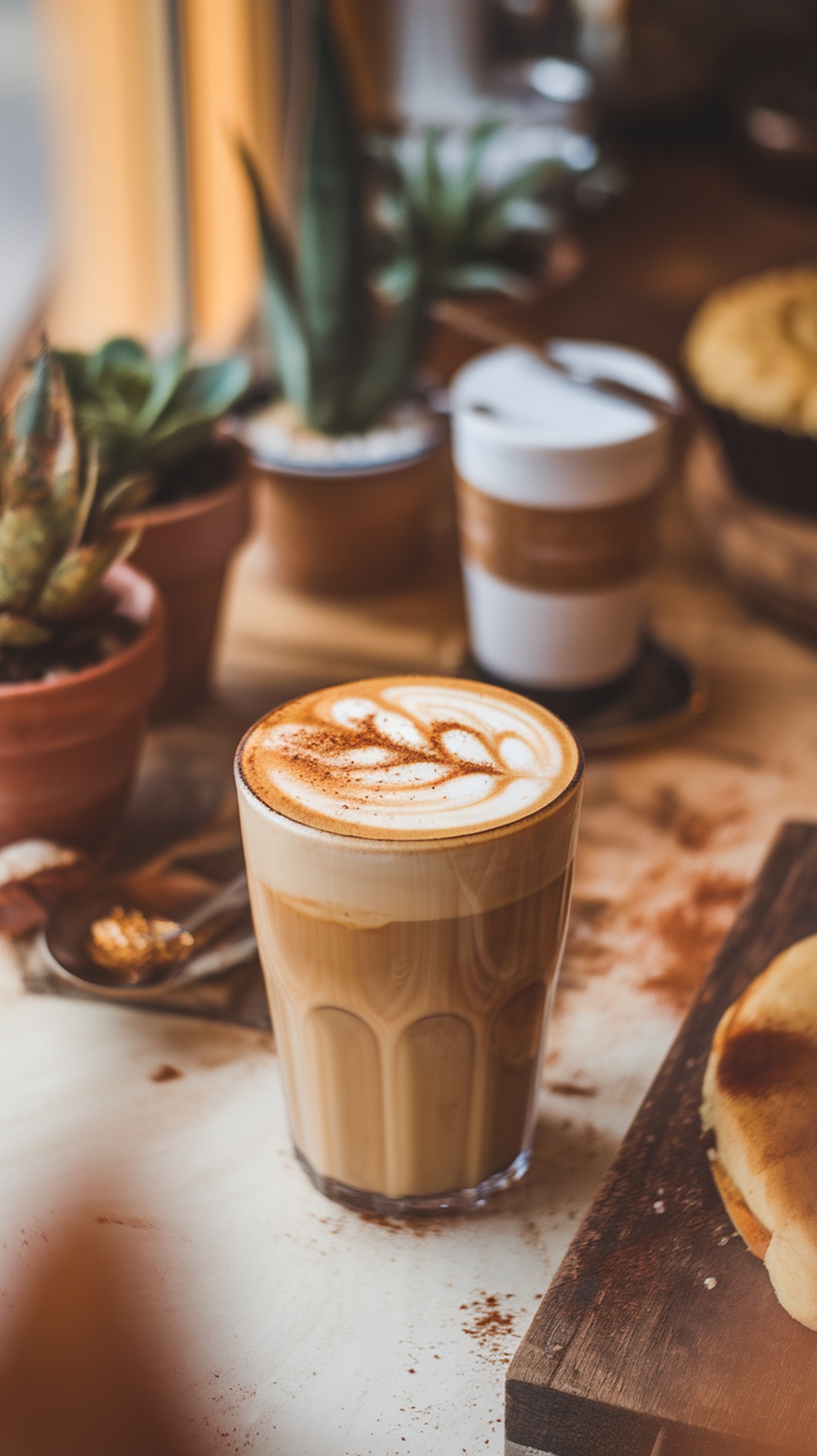 A beautifully designed spiced pumpkin latte topped with latte art, surrounded by potted plants and a cozy atmosphere.