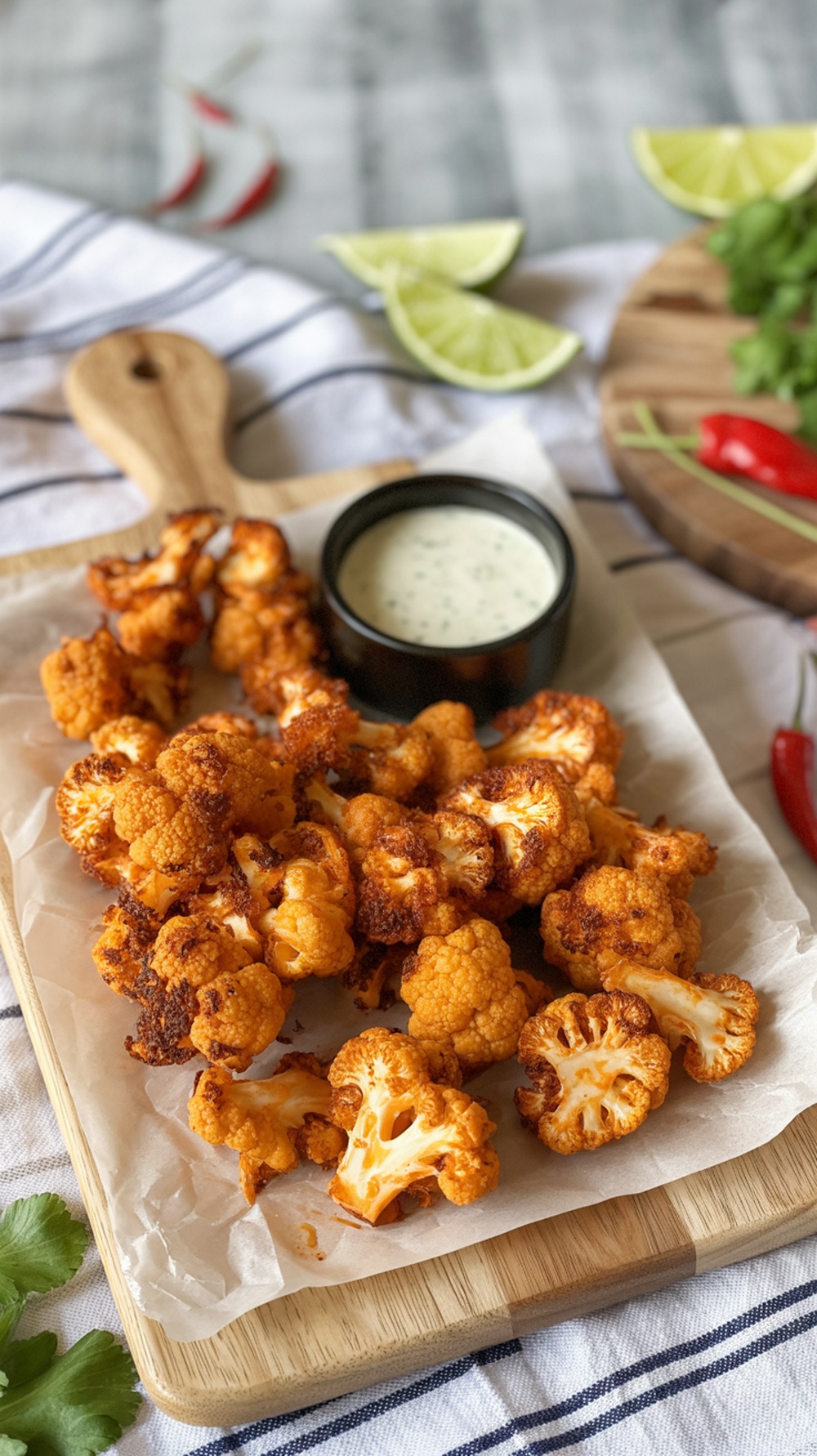 A plate of spicy air fryer cauliflower bites with a dipping sauce and lime wedges