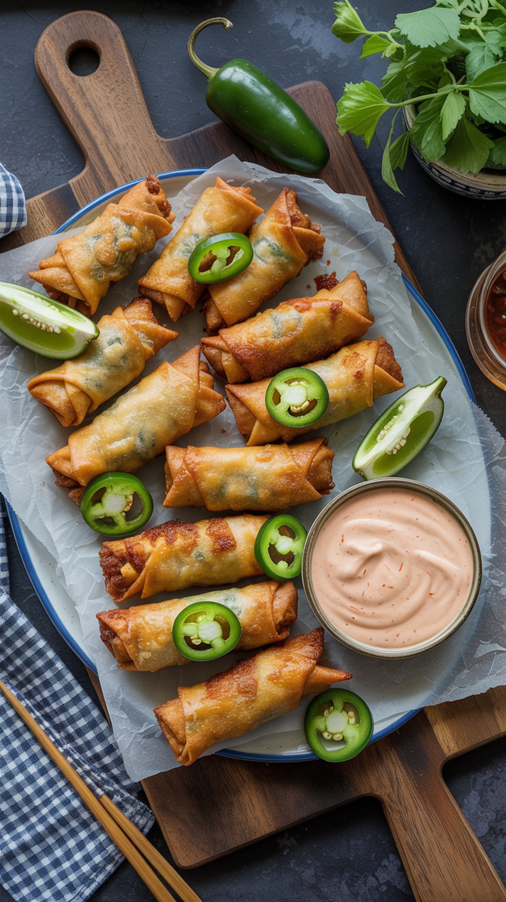 A platter of spicy chicken eggrolls with jalapeño slices and a creamy dipping sauce.