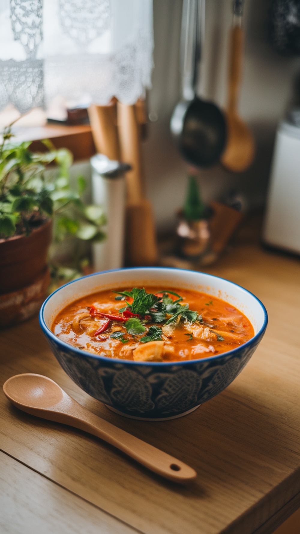 A bowl of spicy chicken soup with herbs and spices on a wooden table.