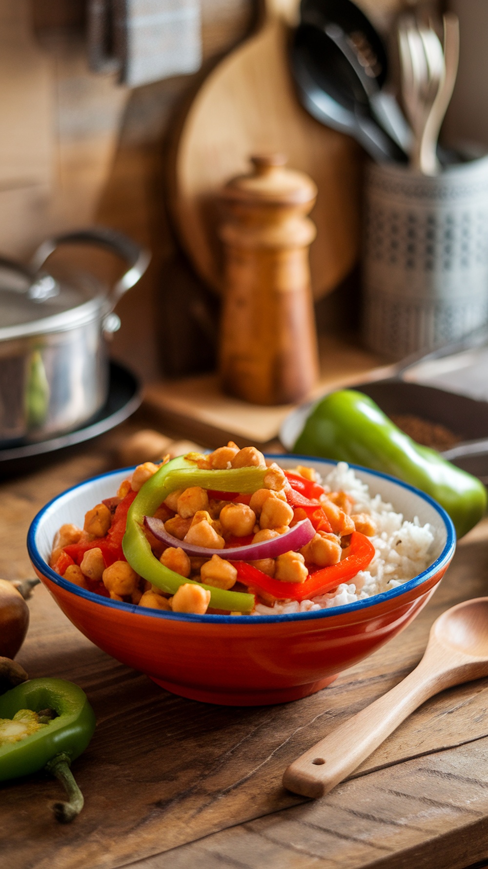 A colorful bowl of spicy chickpea stir-fry with rice, featuring bell peppers and onions.