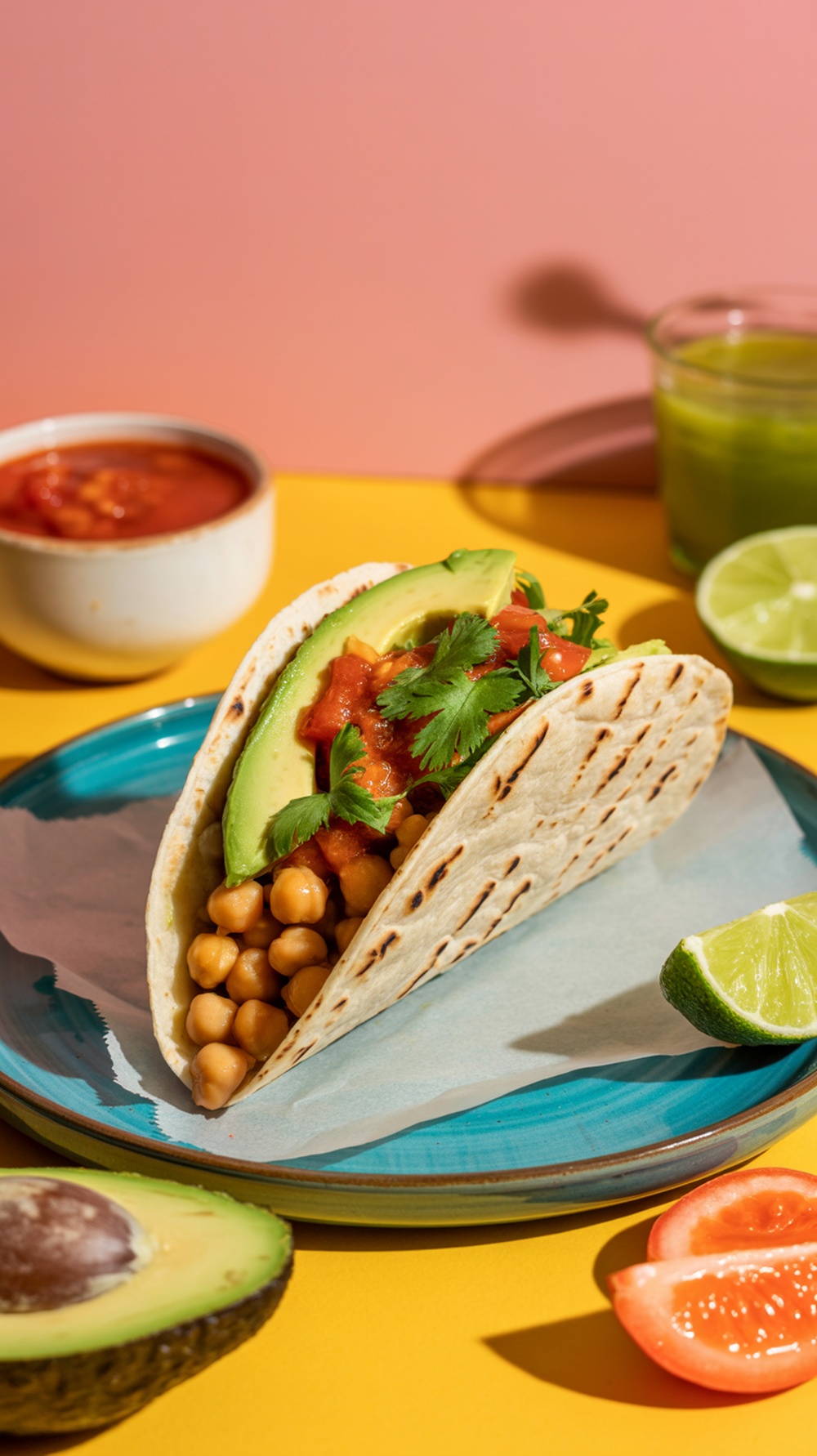 Spicy Chickpea Tacos with assorted toppings on a colorful plate