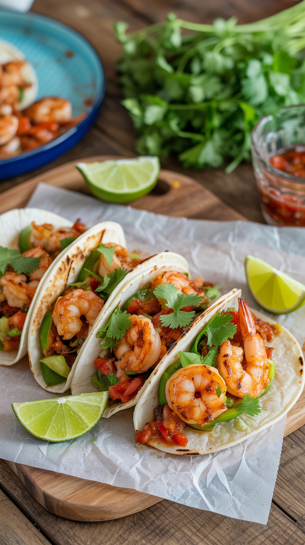 Spicy grilled shrimp tacos with fresh toppings on wooden board.