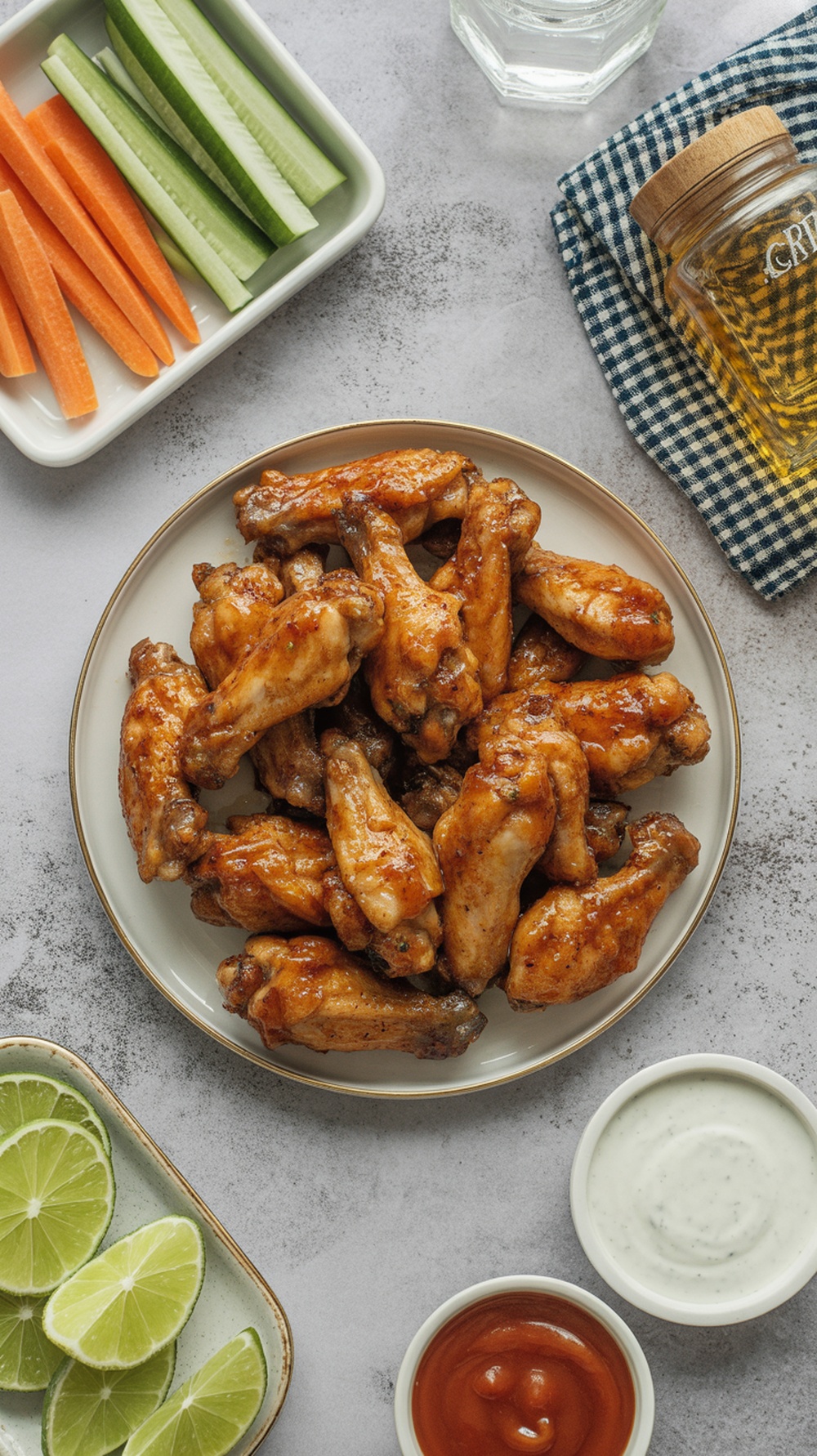A plate of spicy honey garlic chicken wings with celery and carrot sticks on the side.