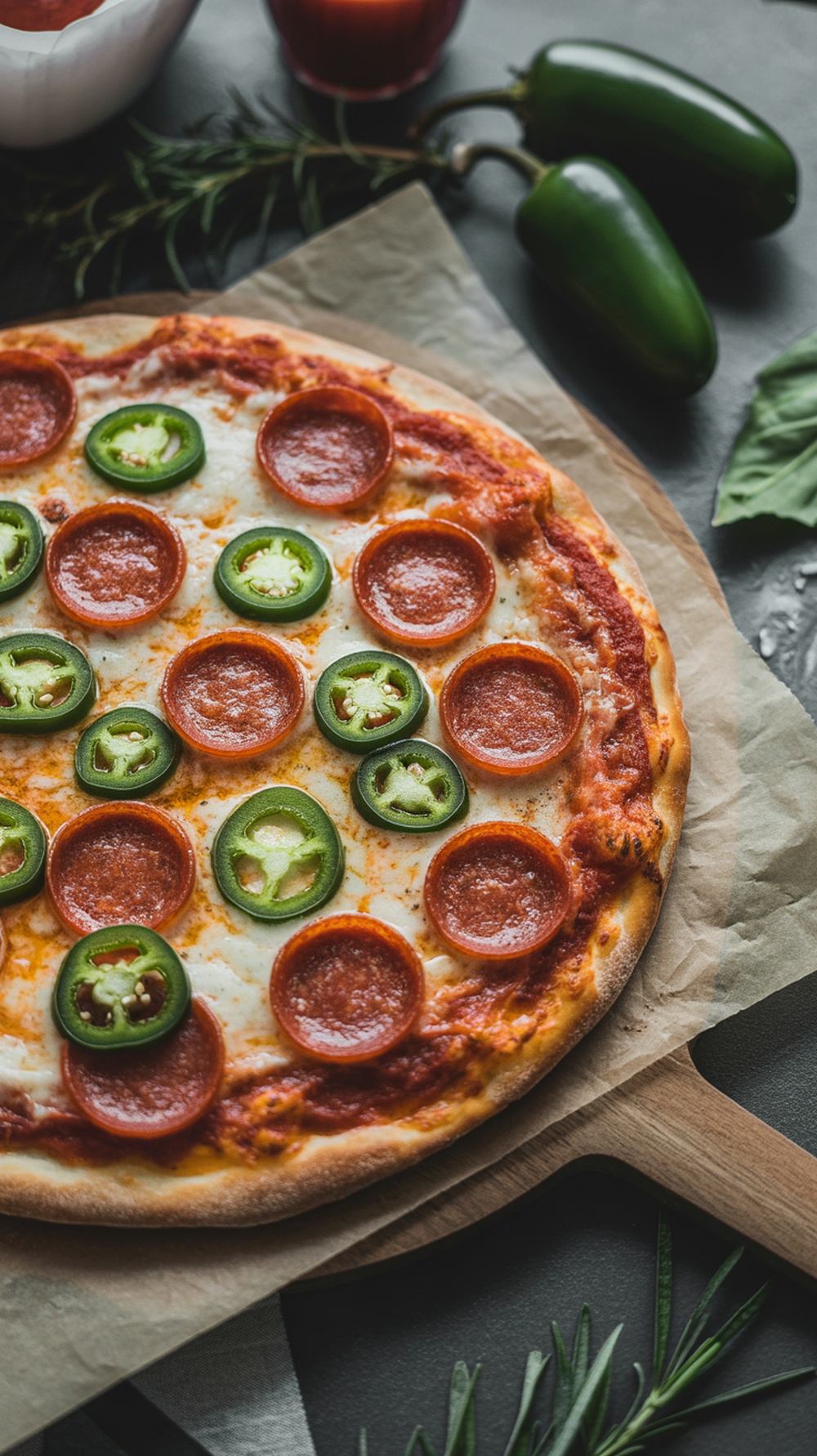 A delicious homemade pizza topped with pepperoni and jalapeños