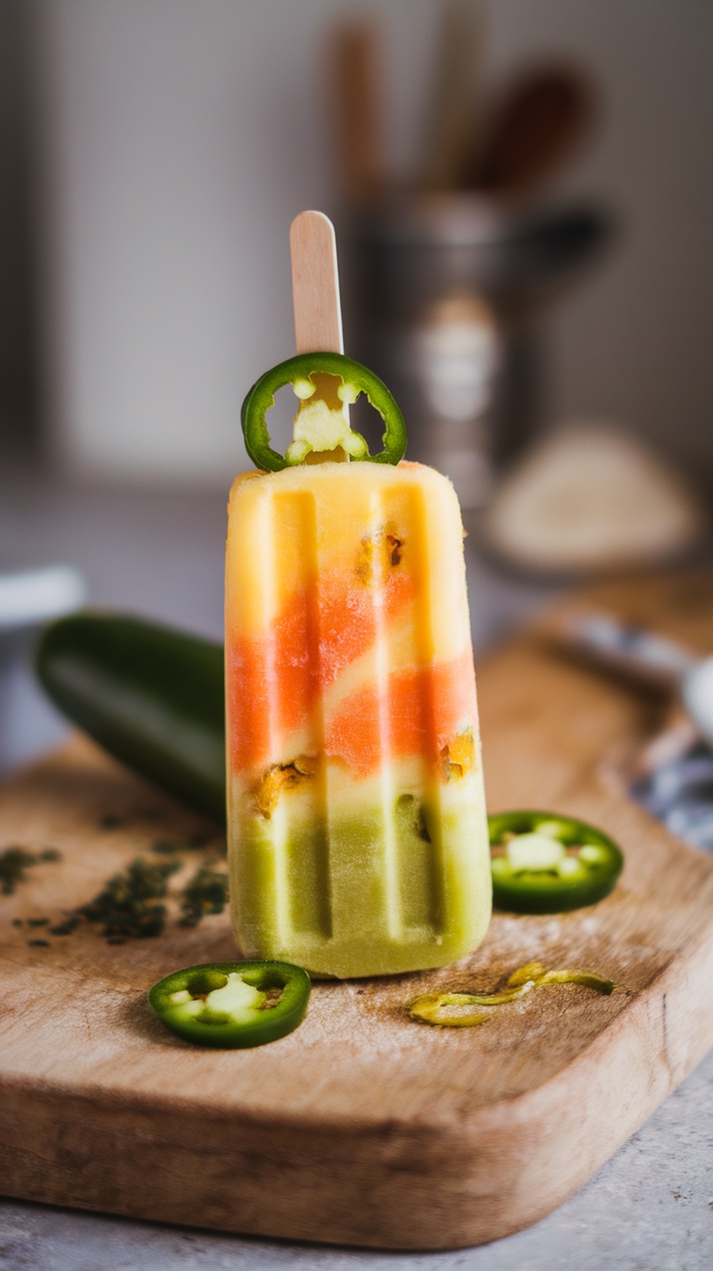 Spicy pineapple jalapeño popsicles with layers of color and a decorative jalapeño slice on top.