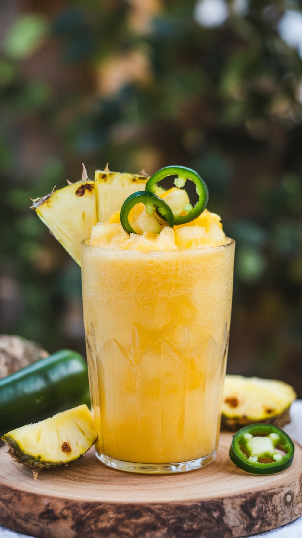 A refreshing glass of Spicy Pineapple Jalapeño Slush garnished with jalapeño slices and pineapple.