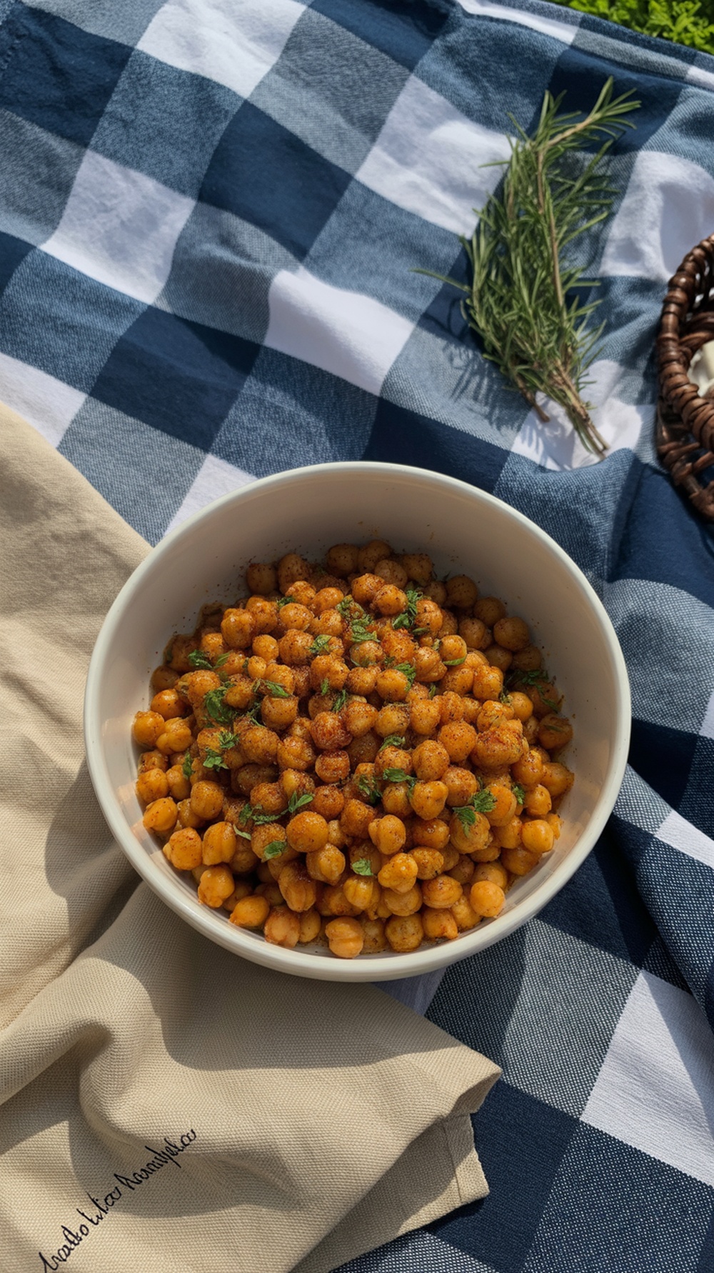 Spicy roasted chickpeas in a bowl on a blue and white plaid tablecloth