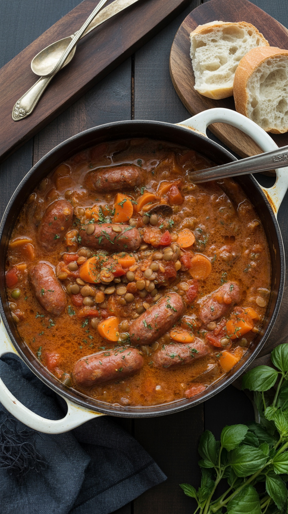 A hearty bowl of spicy sausage and lentil stew with carrots and herbs, served with bread.