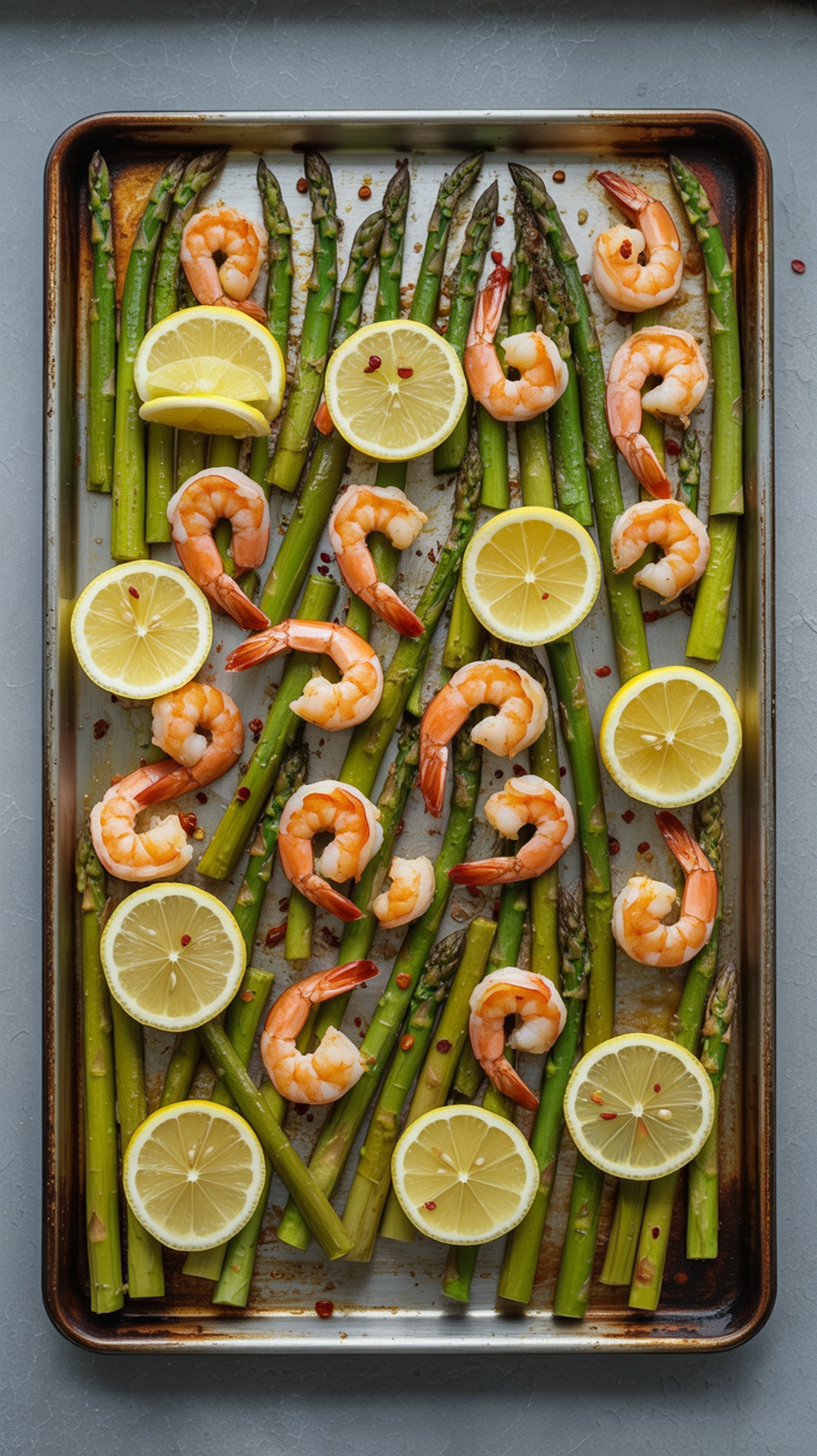 Sheet pan with spicy shrimp and asparagus, garnished with lemon slices.