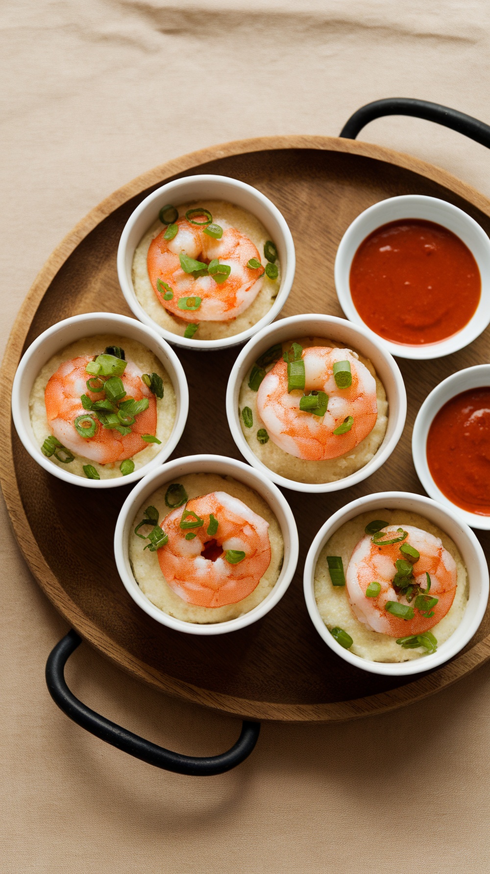 Spicy shrimp and grits cups garnished with green onions on a wooden tray.