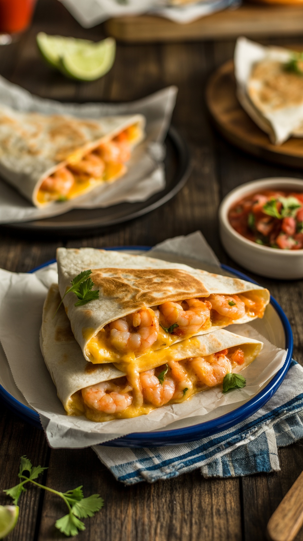 Delicious spicy shrimp quesadillas with cheese on a plate