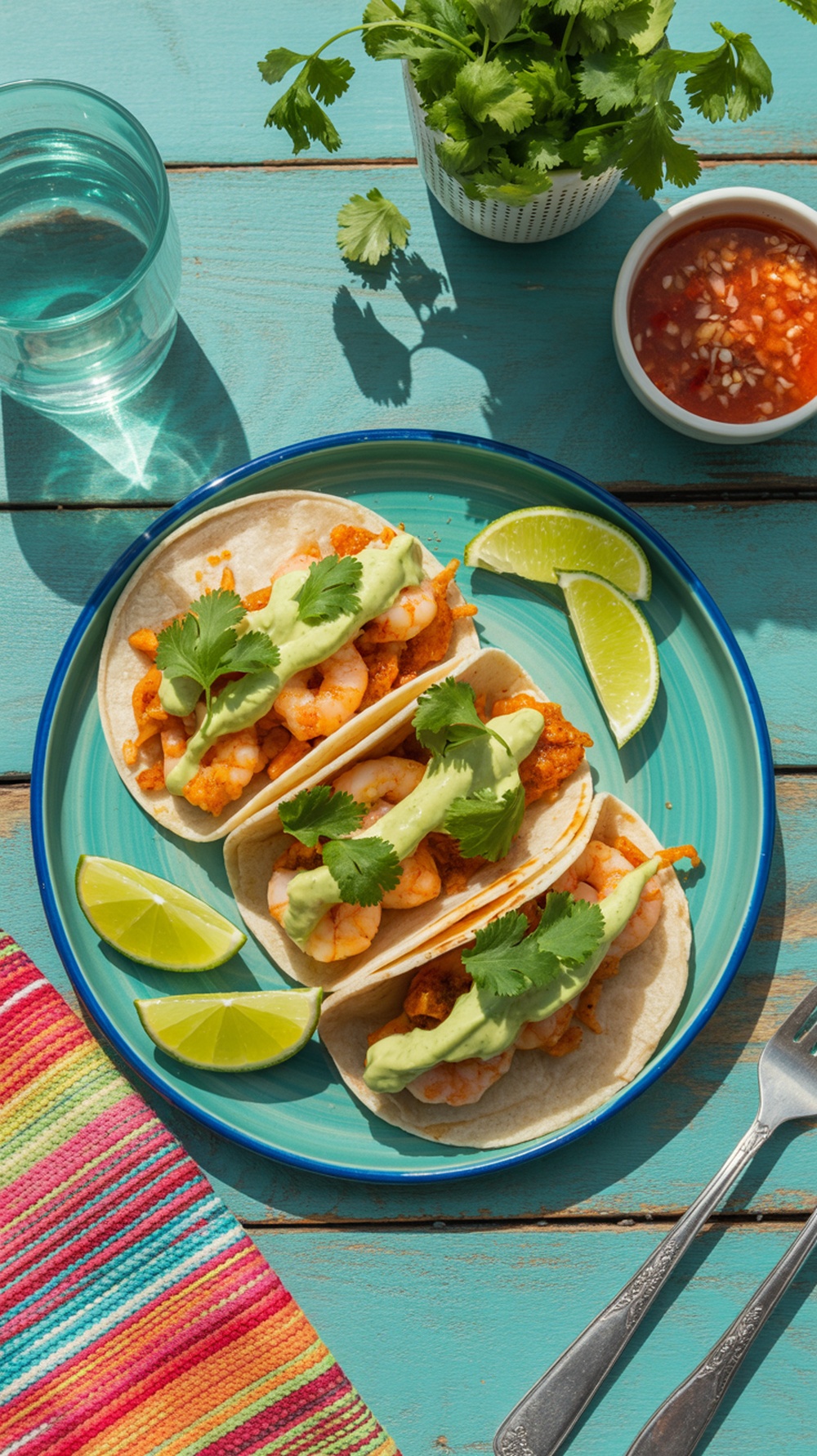 Delicious spicy shrimp tacos topped with avocado crema, lime wedges, and fresh cilantro on a blue plate.