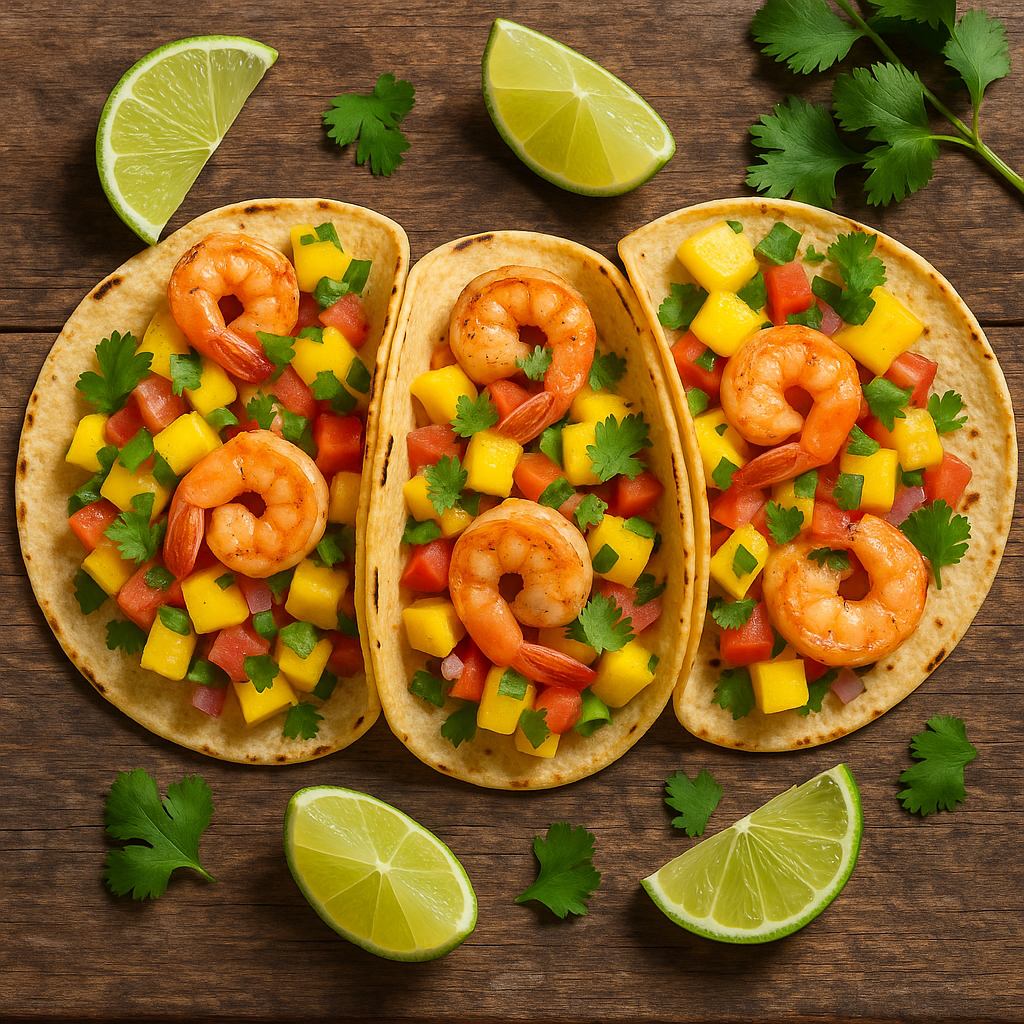 Spicy shrimp tacos with mango salsa on a wooden table