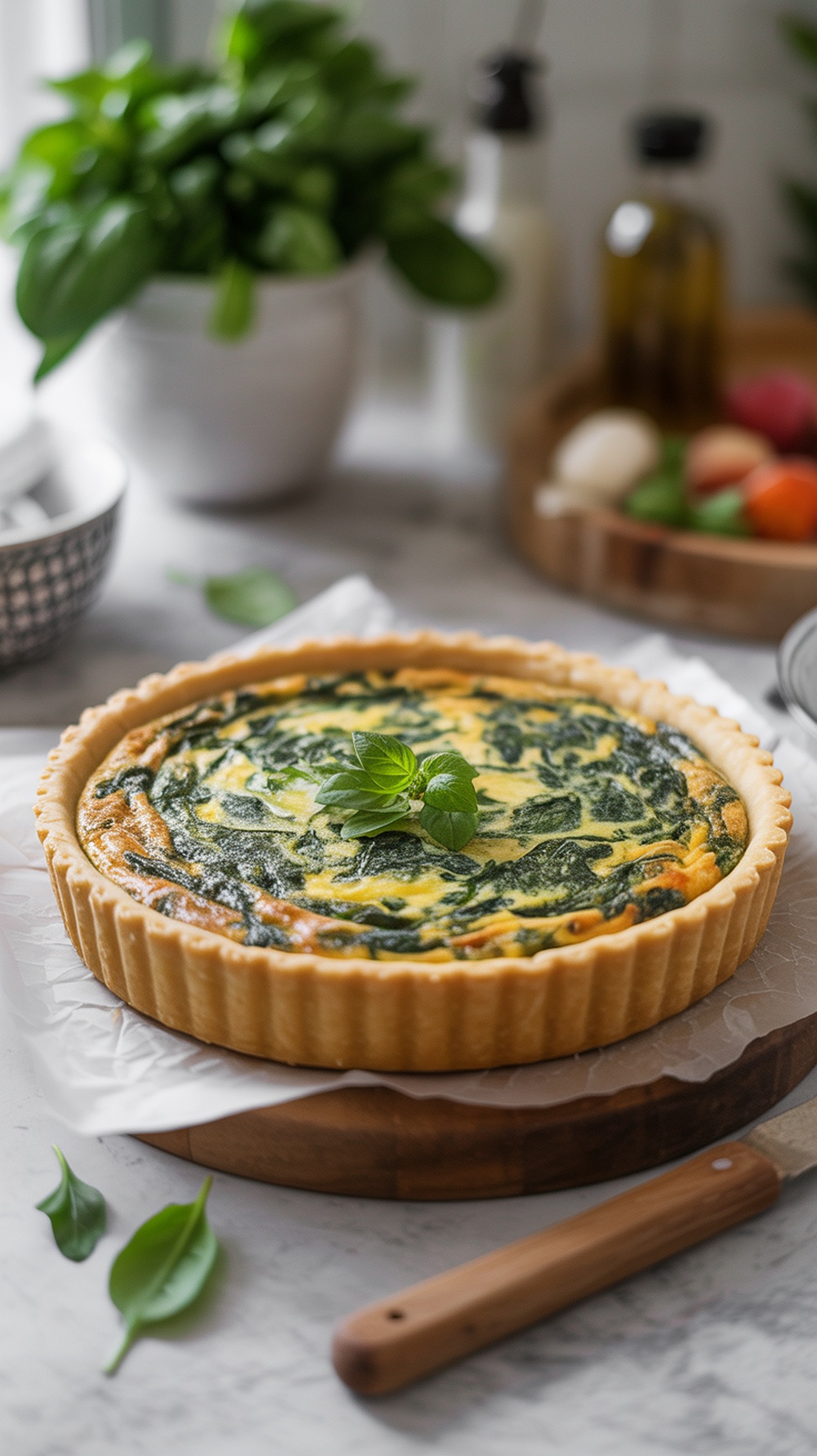 A beautifully baked spinach and feta quiche on a wooden chopping board with green leaves nearby.