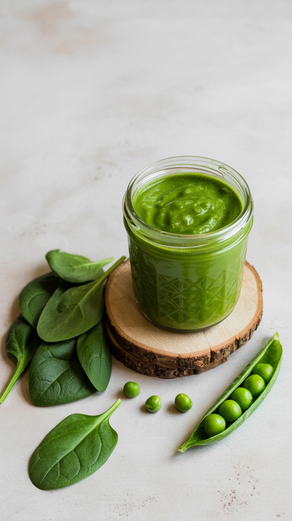 A jar of green spinach and pea puree surrounded by fresh spinach leaves and peas.