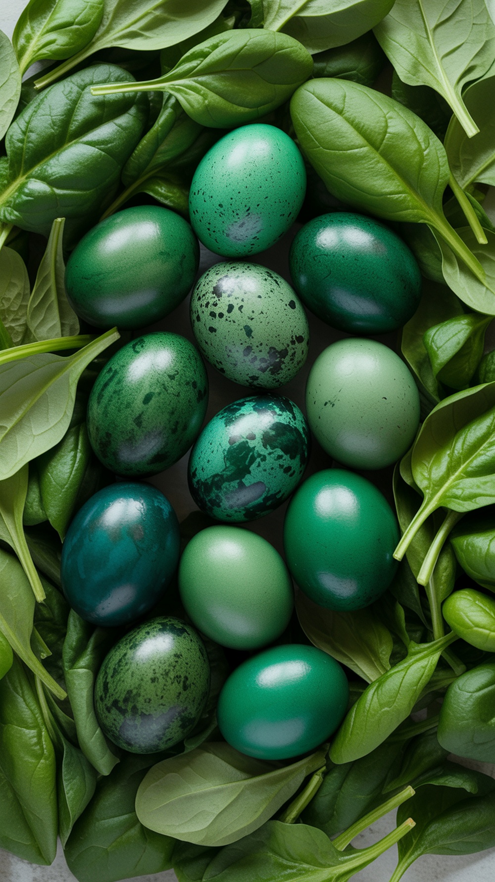 Colorful green dyed Easter eggs surrounded by fresh spinach leaves.