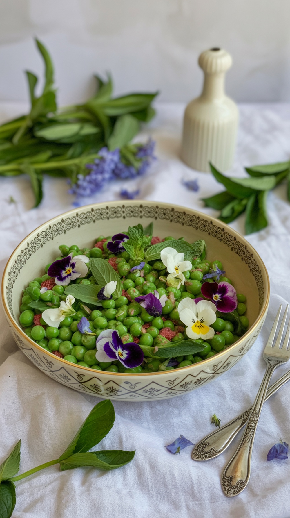A colorful spring pea and mint salad served in a bowl, garnished with edible flowers.