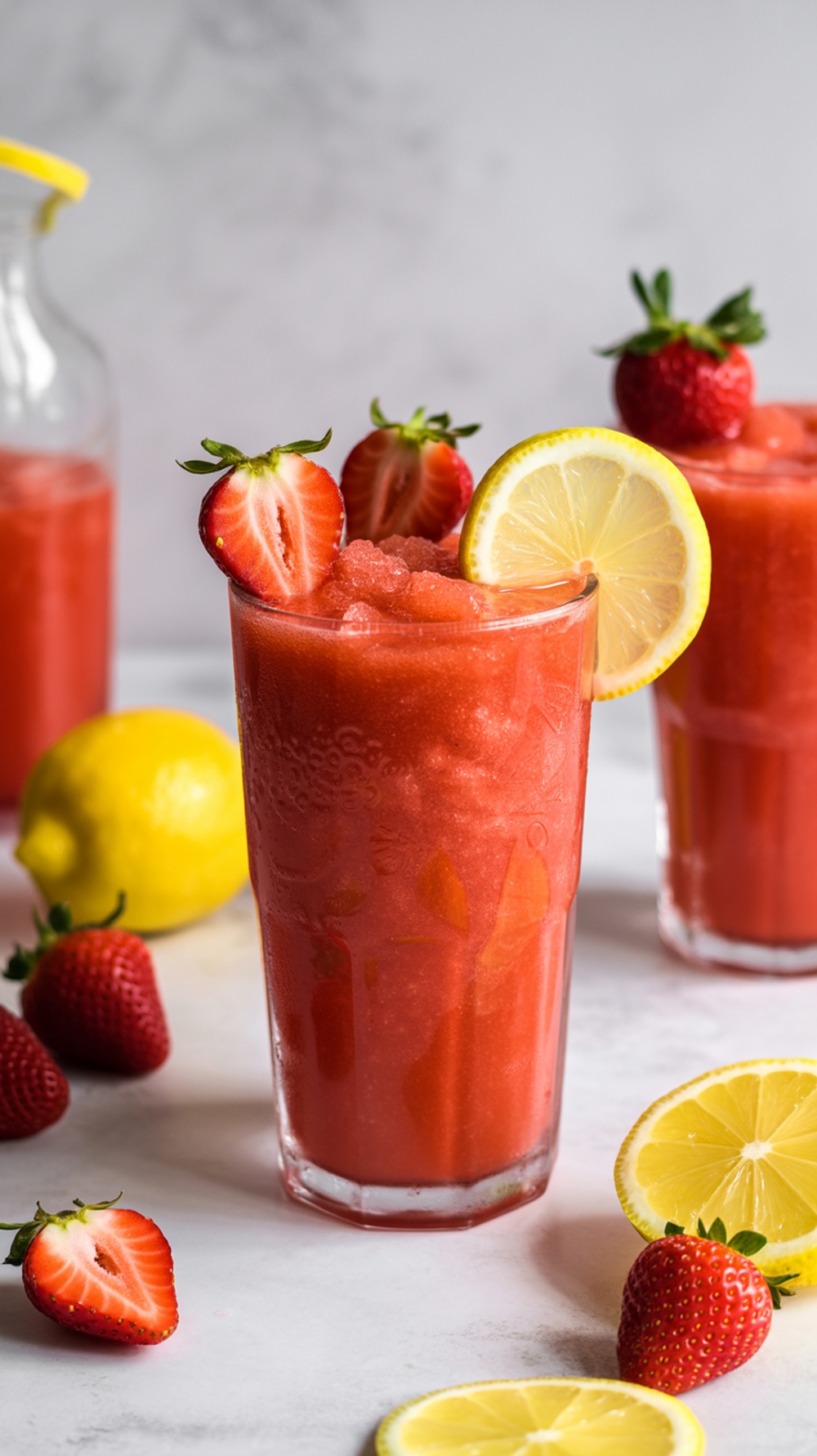Strawberry Lemonade Slush in glasses with strawberries and lemon slices