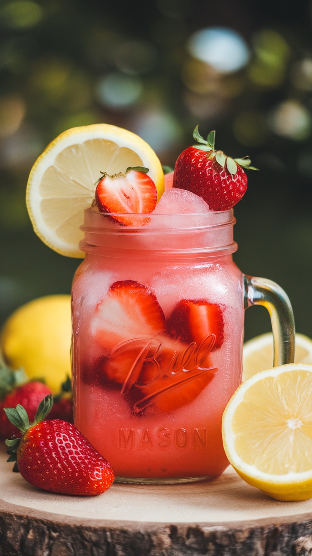 A refreshing strawberry lemonade slushy in a mason jar, garnished with fresh strawberries and lemon slices.