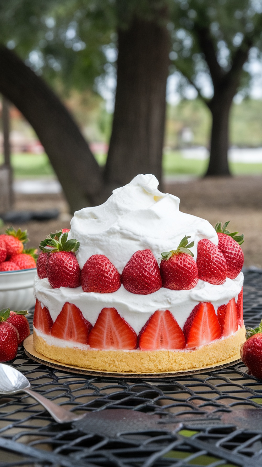 A delicious strawberry shortcake dump cake topped with fresh strawberries and whipped cream.