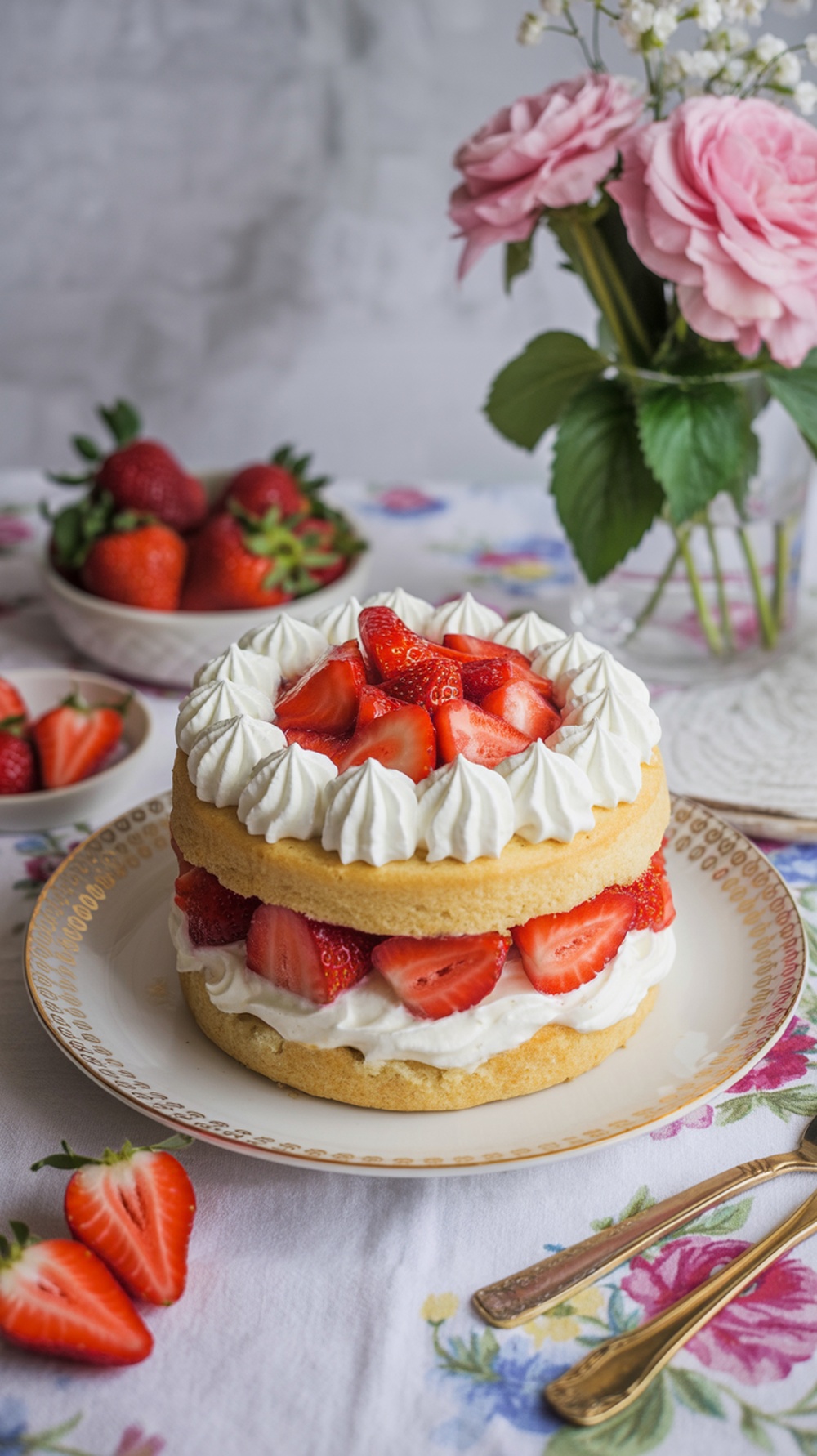 A beautiful strawberry shortcake layered with whipped cream and fresh strawberries, set on a floral tablecloth.