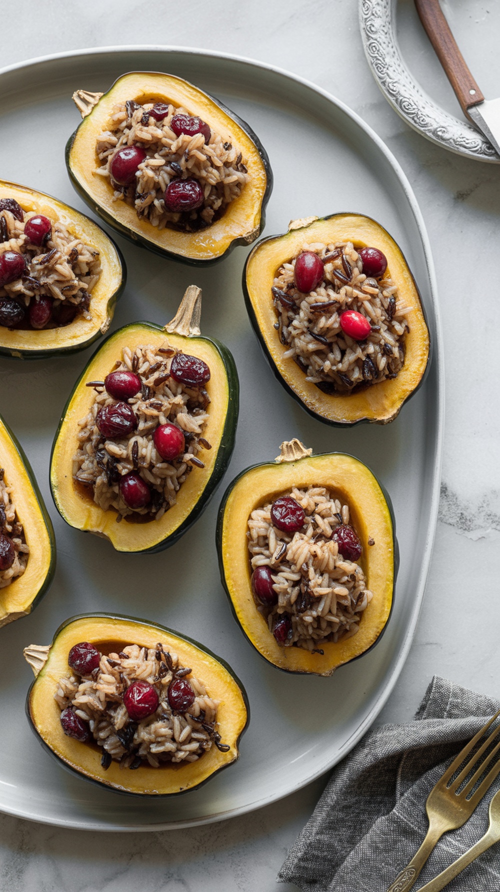 Stuffed acorn squash filled with wild rice and cranberries on a plate.