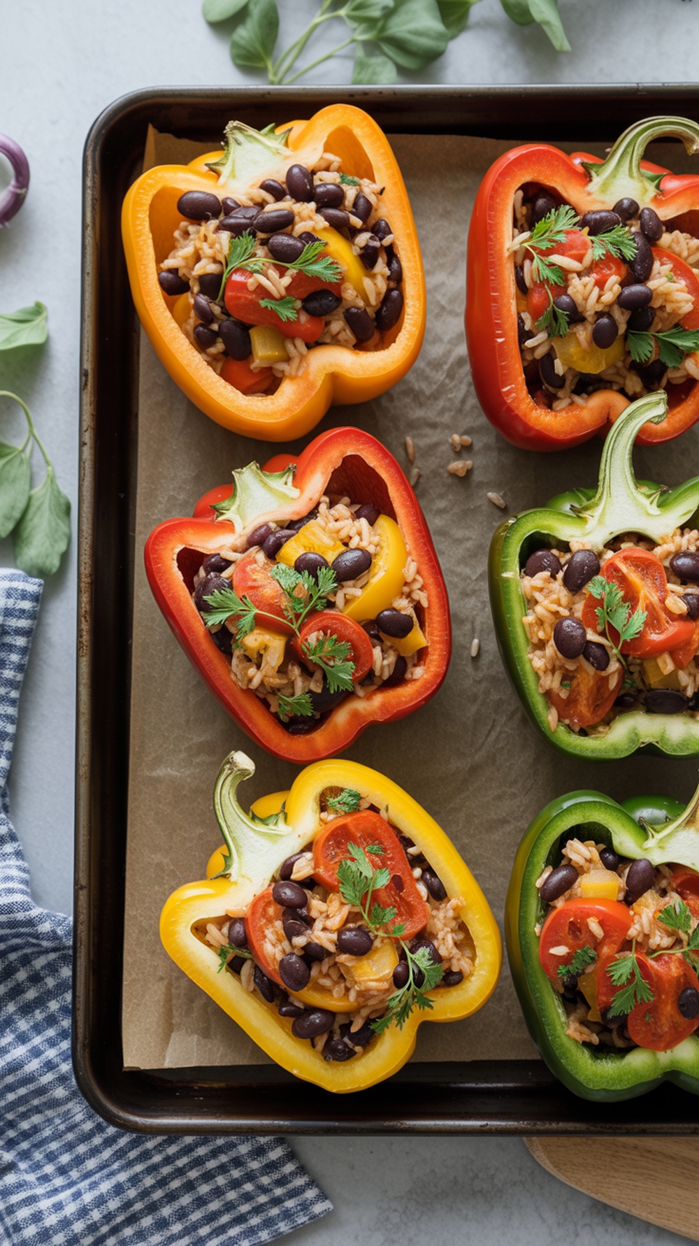 Colorful stuffed bell peppers filled with rice, beans, and vegetables.