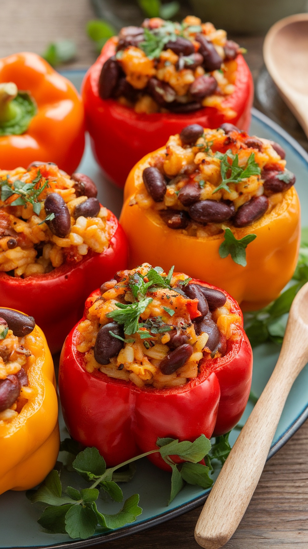 Colorful stuffed bell peppers filled with rice, beans, and cheese.