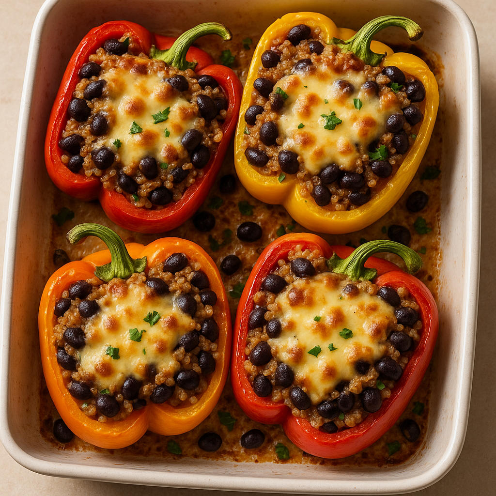 Stuffed bell peppers filled with quinoa and black beans, topped with cheese, in a baking dish.