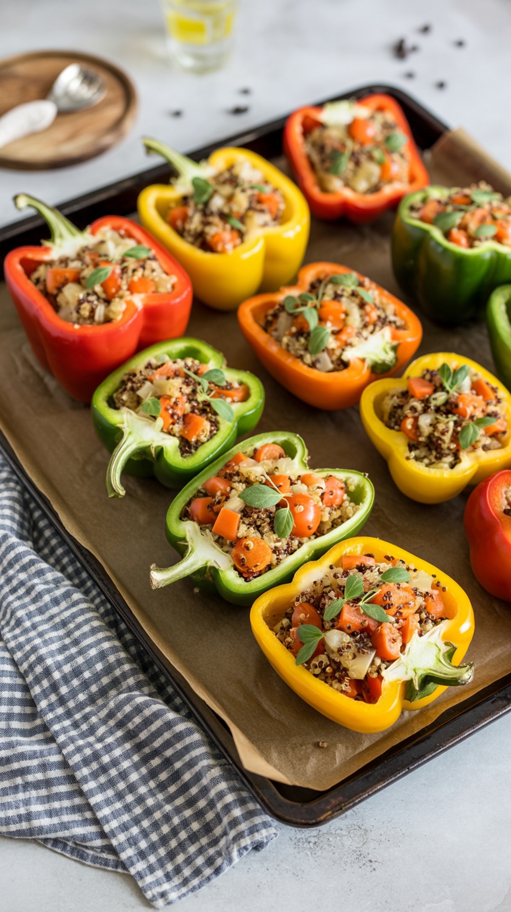 A tray of colorful stuffed bell peppers filled with quinoa and vegetables.