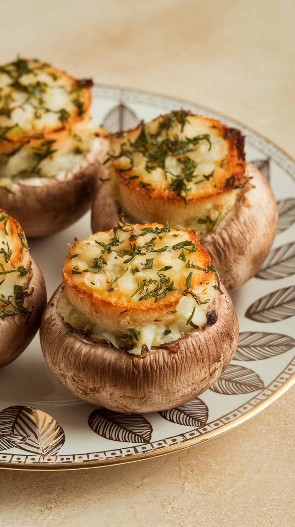 A plate of stuffed mushrooms topped with herbs, showcasing a golden brown crust.