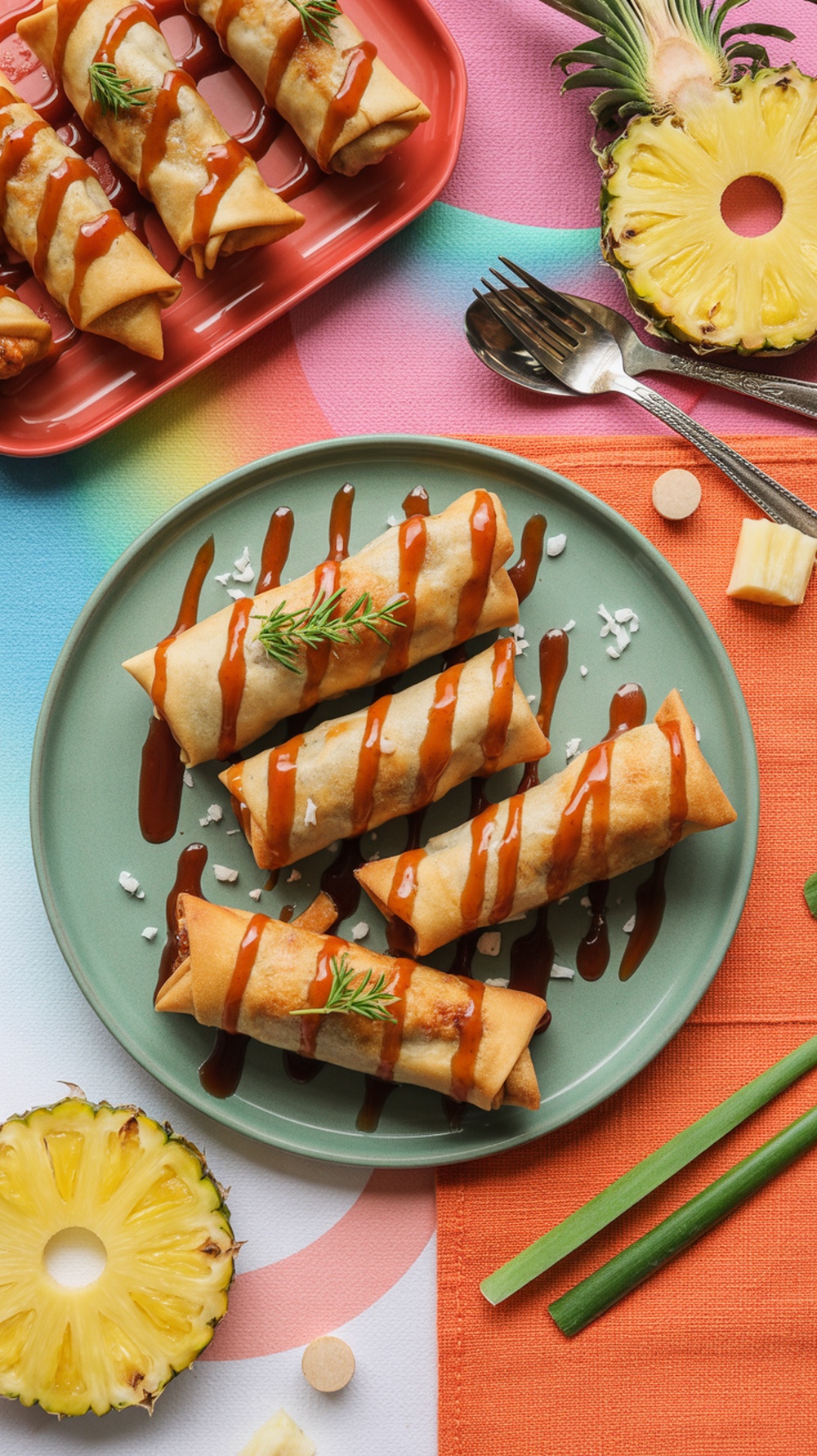 Sweet and sour chicken eggrolls arranged neatly on a green plate with a colorful background
