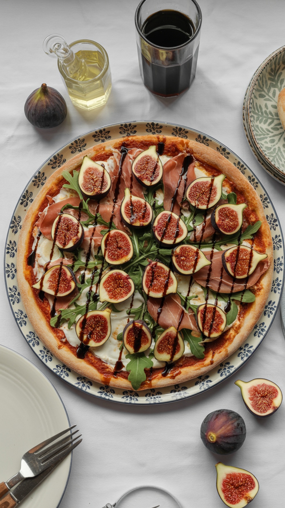 A delicious homemade pizza topped with figs, prosciutto, arugula, and balsamic glaze.