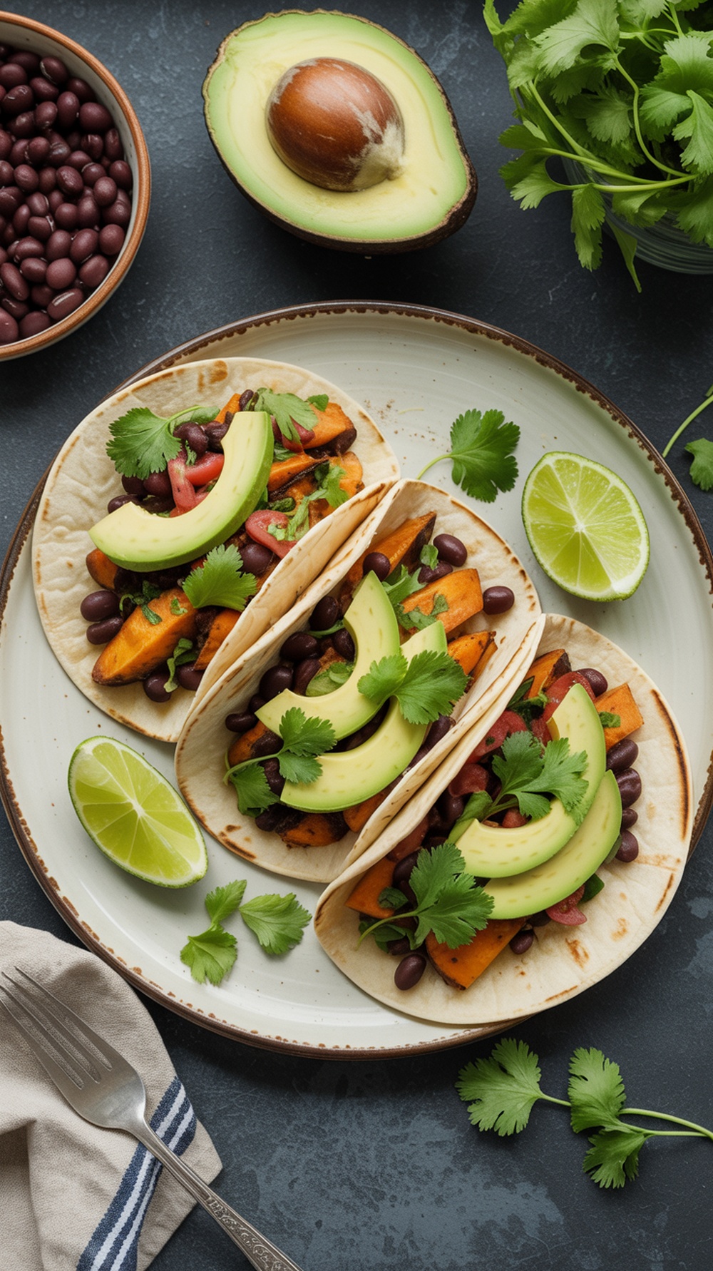 Sweet potato and black bean tacos with avocado and cilantro