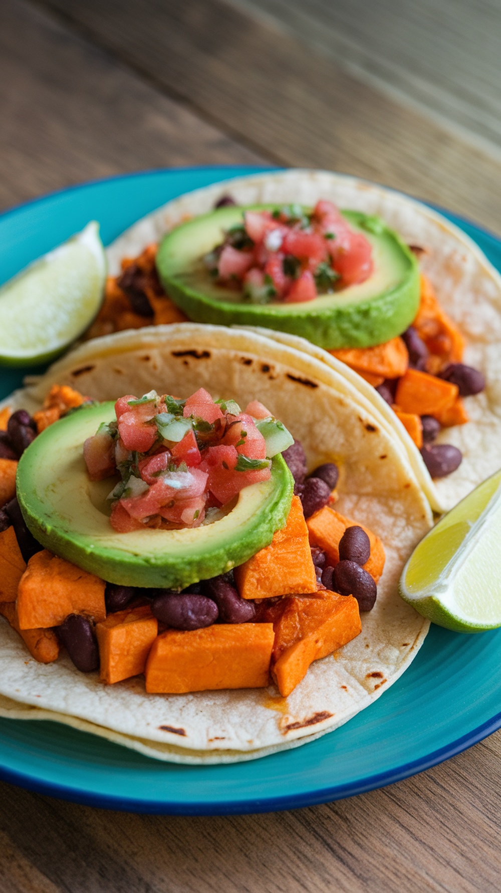 Plate of sweet potato and black bean tacos with avocado and pico de gallo