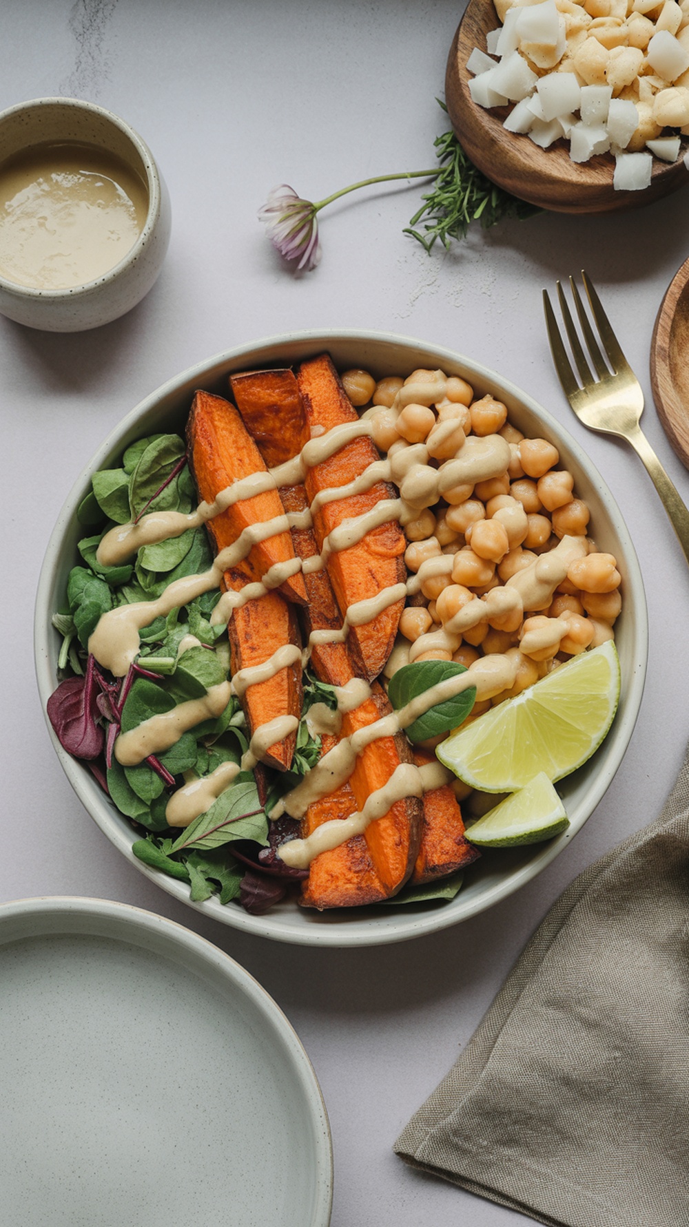 A delicious Sweet Potato and Chickpea Buddha Bowl with greens, roasted sweet potatoes, and tahini dressing.