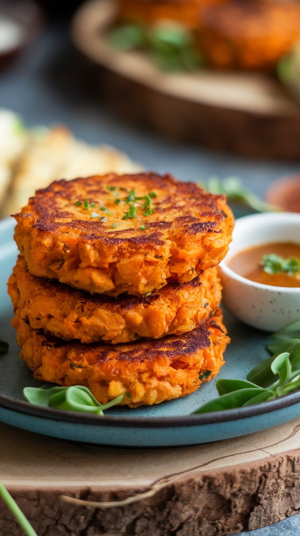 A plate of golden-brown sweet potato and chickpea patties stacked with a small bowl of dipping sauce.