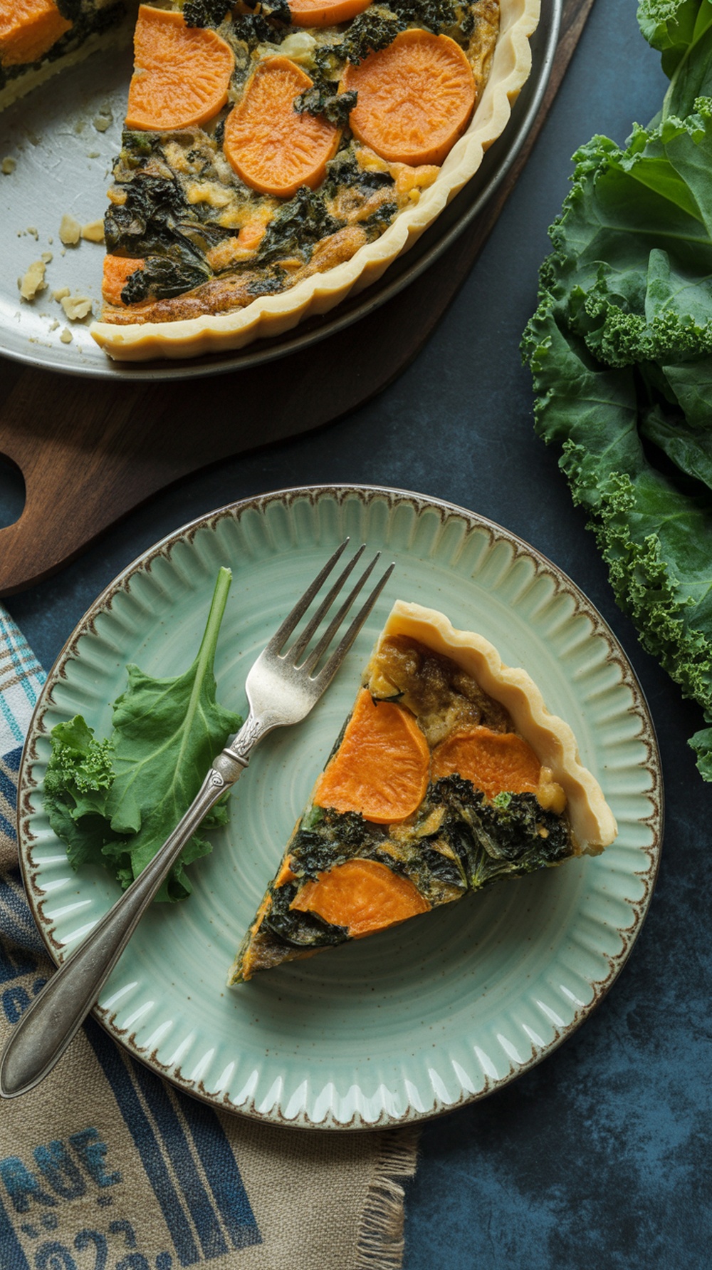 A slice of sweet potato and kale quiche on a green plate next to a fork and a rustic cloth.