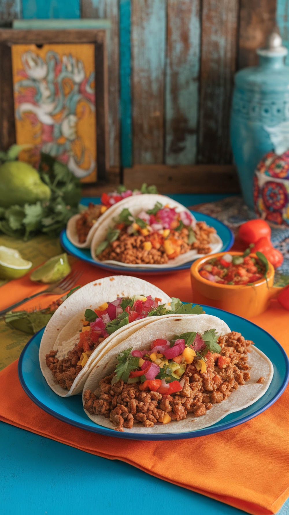 Three tacos filled with ground turkey, topped with salsa and cilantro, served on colorful plates.