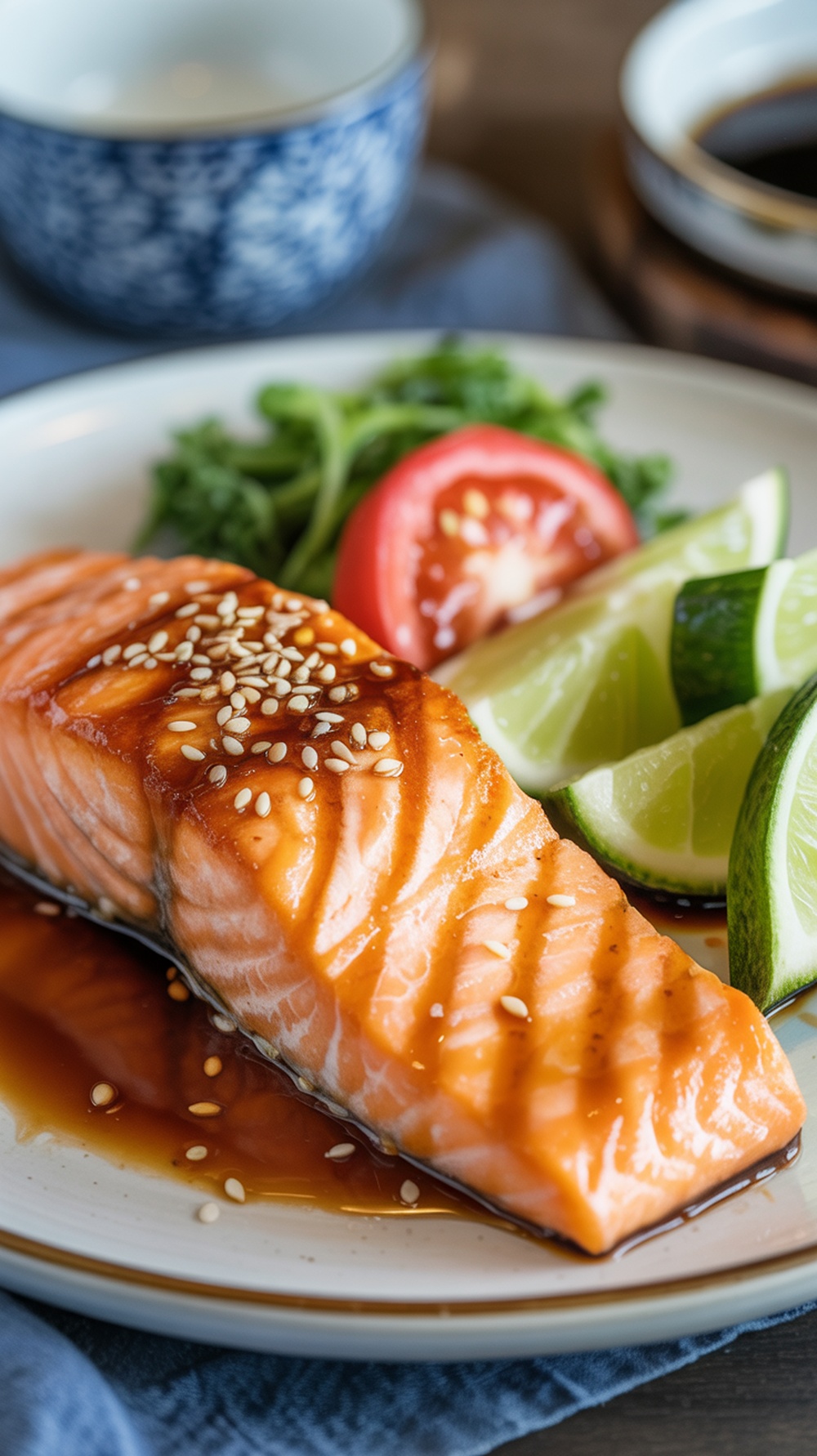 Grilled salmon with teriyaki sauce and sesame seeds on a plate with lime and vegetables.
